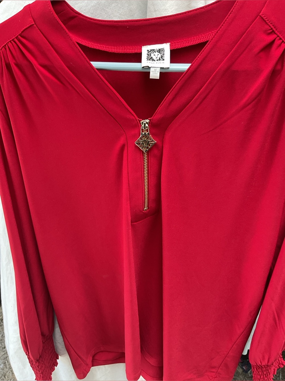 Anne KLIEN Red Zip-Front Blouse with Gold Pull